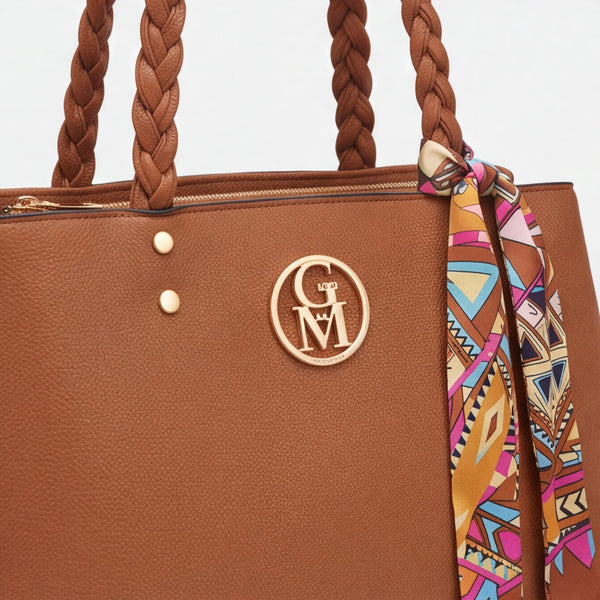 Borsa manici intrecciati e foulard 62579, cuoio, dettaglio manici intrecciati