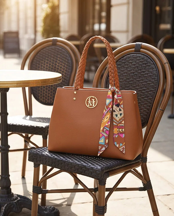 Borsa manici intrecciati e foulard 62579, cuoio, scena di utilizzo