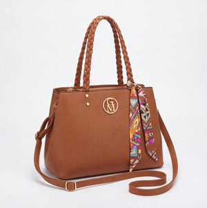 Borsa manici intrecciati e foulard 62579, cuoio, vista di tre quarti