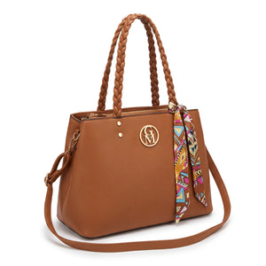 Borsa manici intrecciati e foulard 62579, cuoio, vista su sfondo bianco