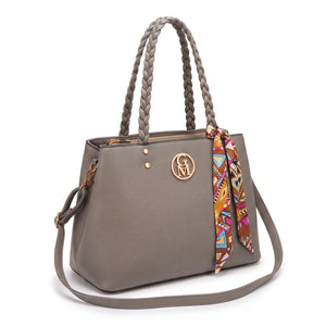 Borsa manici intrecciati e foulard 62579, grigio, vista su sfondo bianco