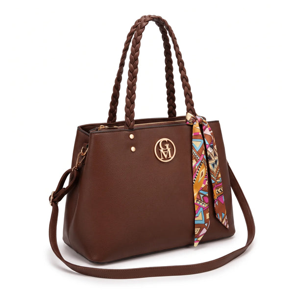 Borsa manici intrecciati e foulard 62579, marrone scuro, vista su sfondo bianco