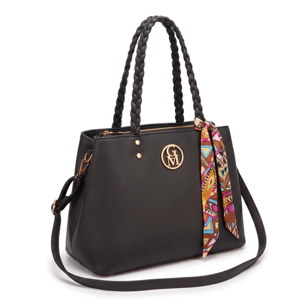 Borsa manici intrecciati e foulard 62579, nero, vista su sfondo bianco