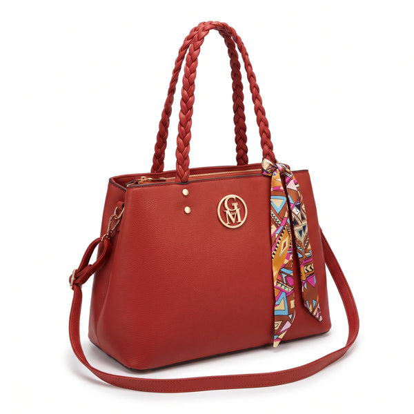 Borsa manici intrecciati e foulard 62579, rosso, vista su sfondo bianco