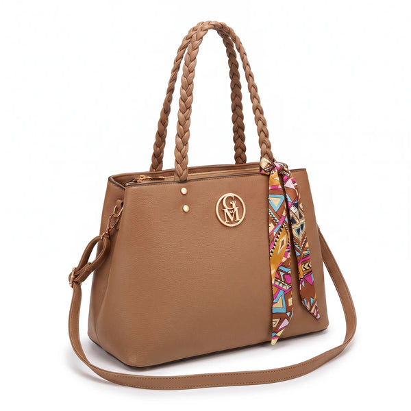 Borsa manici intrecciati e foulard 62579, tortora, vista su sfondo bianco