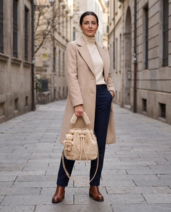 Sacchiello in ecopelliccia H937, beige sabbia, indossata in città