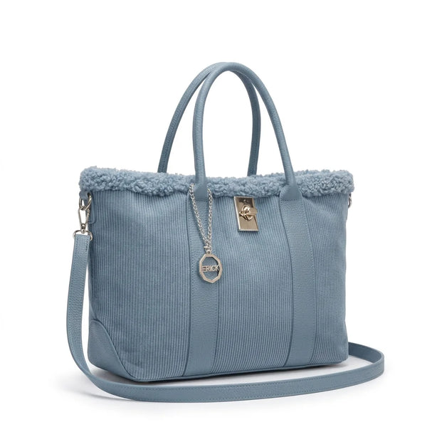 Borsa shopper donna ERICK a coste con bordo teddy e tracolla - Azzurro polvere, vista principale