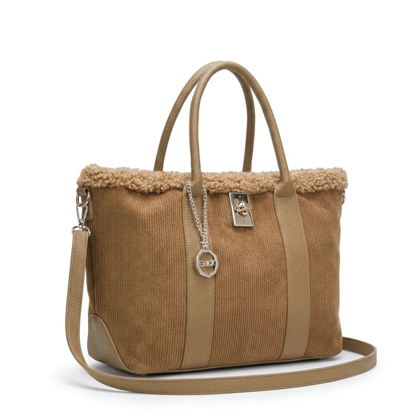 Borsa shopper donna ERICK a coste con bordo teddy e tracolla - Beige sabbia, vista principale