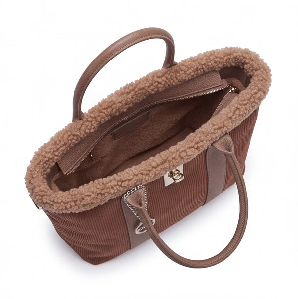 Borsa shopper donna ERICK a coste con bordo teddy e tracolla - Vista dall’alto dell’interno