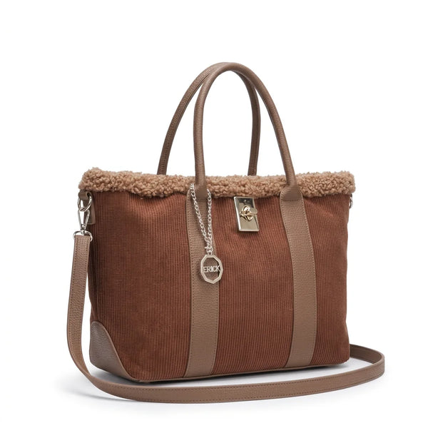Borsa shopper donna ERICK a coste con bordo teddy e tracolla - Marrone, vista principale