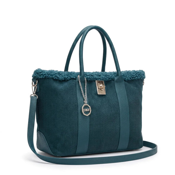 Borsa shopper donna ERICK a coste con bordo teddy e tracolla - Petrolio, vista principale