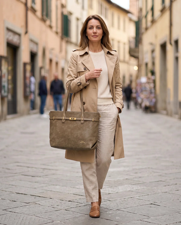 Borsa shopper Gino Valentini 0940-36, portata a spalla con trench beige