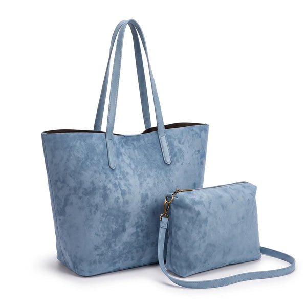 Shopper con pochette effetto scamosciato 8008, azzurro polvere, vista su sfondo bianco