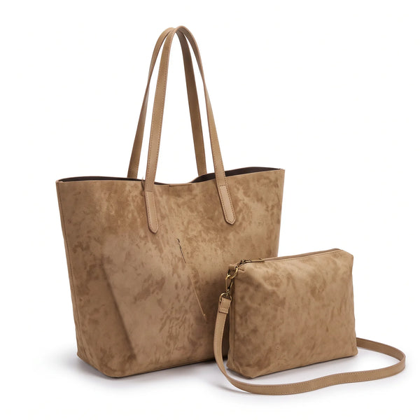 Shopper con pochette effetto scamosciato 8008, beige sabbia, vista su sfondo bianco