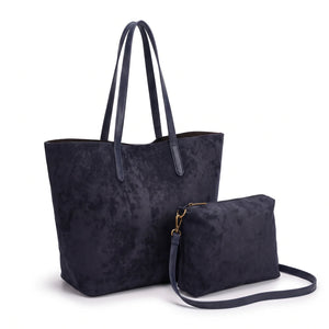 Shopper con pochette effetto scamosciato 8008, blu navy, vista su sfondo bianco