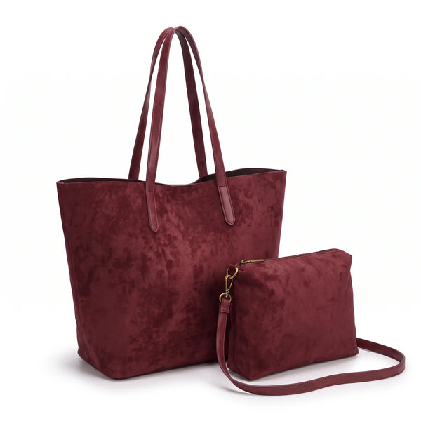 Shopper con pochette effetto scamosciato 8008, bordeaux, vista su sfondo bianco