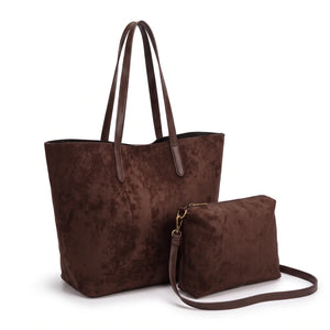 Shopper con pochette effetto scamosciato 8008, caffè scuro, vista su sfondo bianco