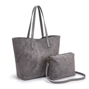 Shopper con pochette effetto scamosciato 8008, grigio, vista su sfondo bianco