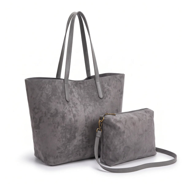 Shopper con pochette effetto scamosciato 8008, grigio, vista su sfondo bianco