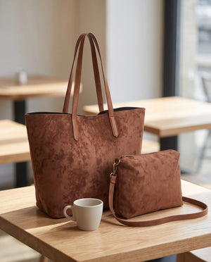 Shopper con pochette effetto scamosciato 8008, marrone scuro, ambientata al caffè