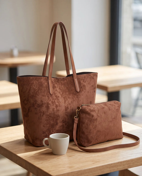 Shopper con pochette effetto scamosciato 8008, marrone scuro, ambientata al caffè