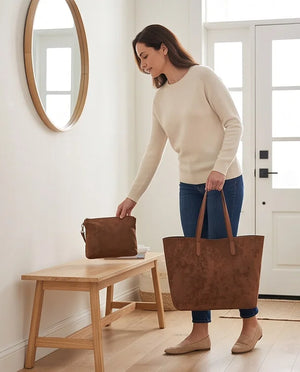Shopper con pochette effetto scamosciato 8008, marrone scuro, scena di utilizzo