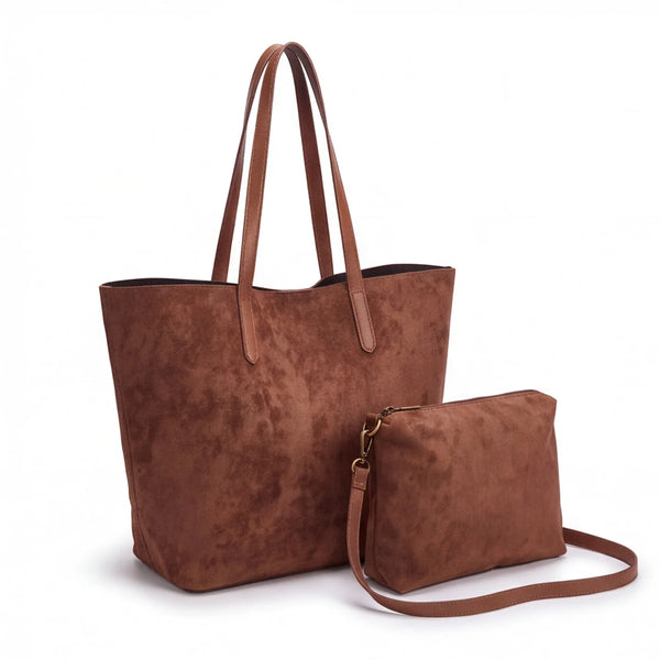Shopper con pochette effetto scamosciato 8008, marrone scuro, vista di tre quarti