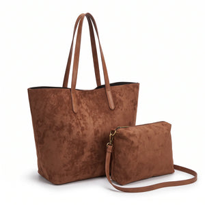 Shopper con pochette effetto scamosciato 8008, marrone scuro, vista su sfondo bianco