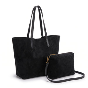 Shopper con pochette effetto scamosciato 8008, nero, vista su sfondo bianco