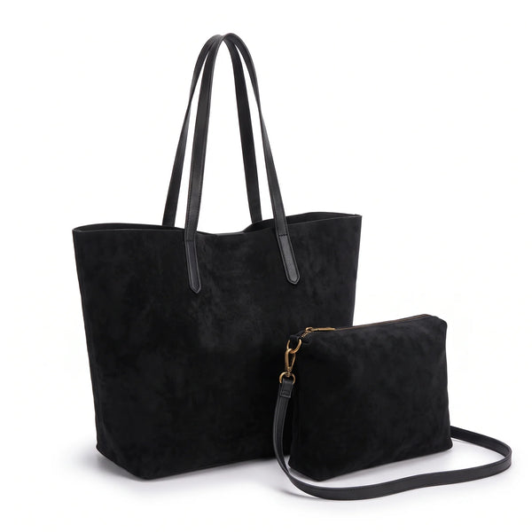 Shopper con pochette effetto scamosciato 8008, nero, vista su sfondo bianco