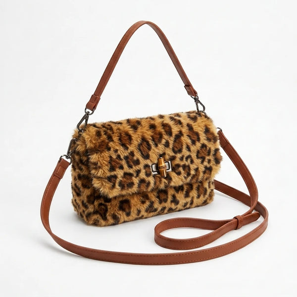 Borsa a tracolla animalier effetto pelliccia con patta, leopardato miele