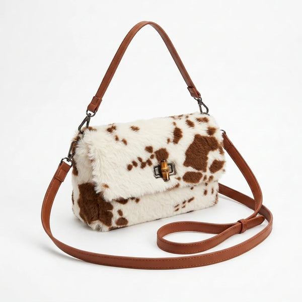 Borsa a tracolla animalier effetto pelliccia con patta, pezzato bianco e marrone