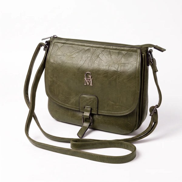 Borsa a tracolla 21008, verde oliva, vista su sfondo bianco