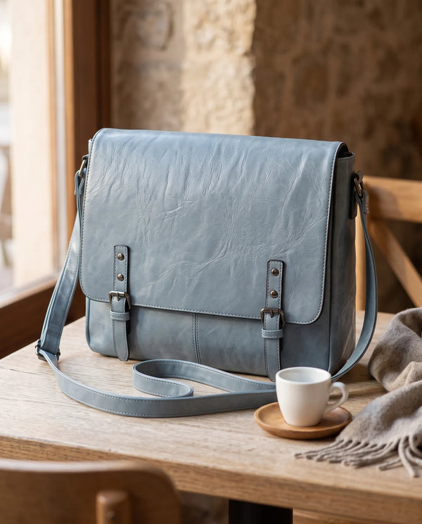 Borsa a tracolla doppia fibbia A-629, azzurro polvere, ambientata al caffè