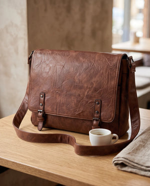 Borsa a tracolla doppia fibbia IMG1164, marrone, ambientata al caffè