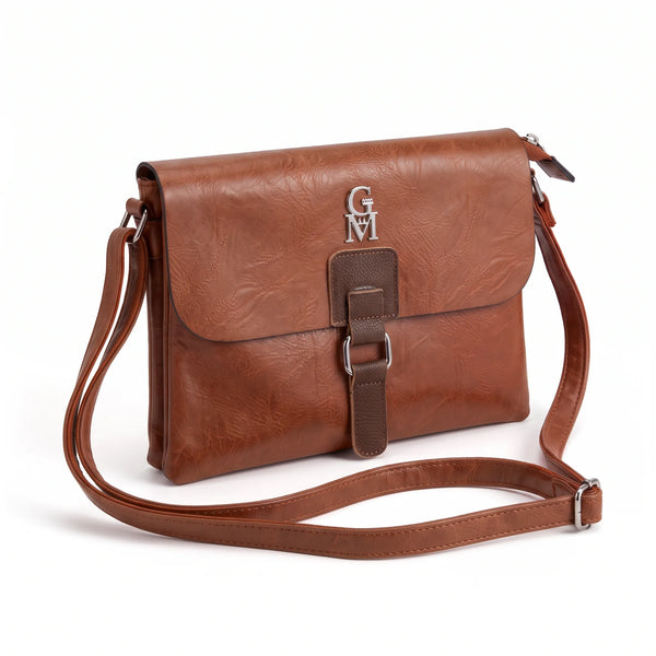 Borsa a tracolla T-8525B, marrone, vista su sfondo bianco