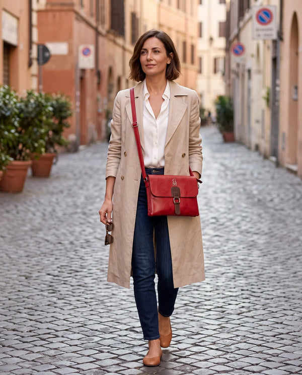 Borsa a tracolla T-8525B, rosso, indossata in città