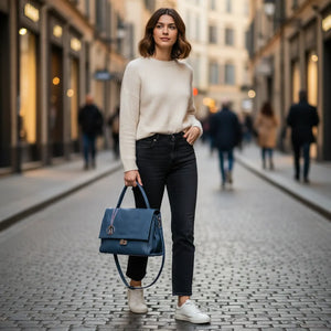 La Bambu - Borsa a tracolla platta firmata GYOIAMEA a mano tracolla casual simil pelle martellata venata