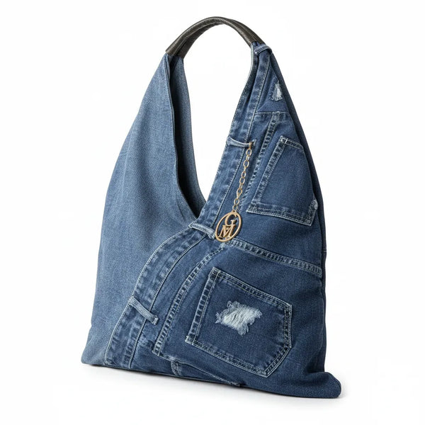 La Unica - Borsa  jeans capiente sacco hobo spalla tasche frontali monomanico