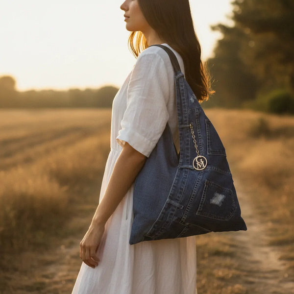 La Unica - Borsa  jeans capiente sacco hobo spalla tasche frontali monomanico