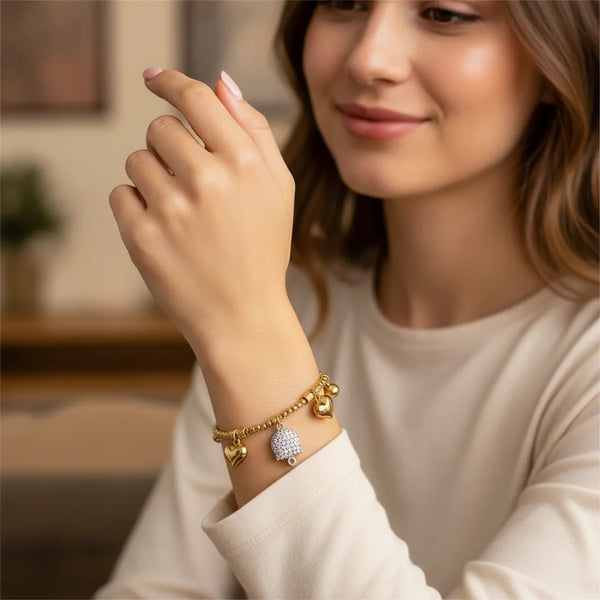 Bracciale con campana Cuore 3D in Acciaio Oro - Catena Chunky Regolabile