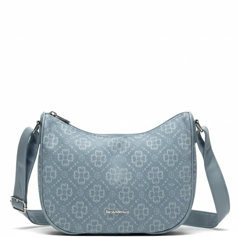 Borsa firmata Baci&abbracci jeans denim tracolla sacco spalla mezzaluna ricamata quadrifoglio