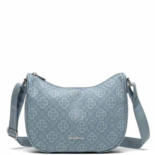 Borsa firmata Baci&abbracci jeans denim tracolla sacco spalla mezzaluna ricamata quadrifoglio