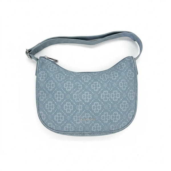 Borsa firmata Baci&abbracci jeans denim tracolla sacco spalla mezzaluna ricamata quadrifoglio