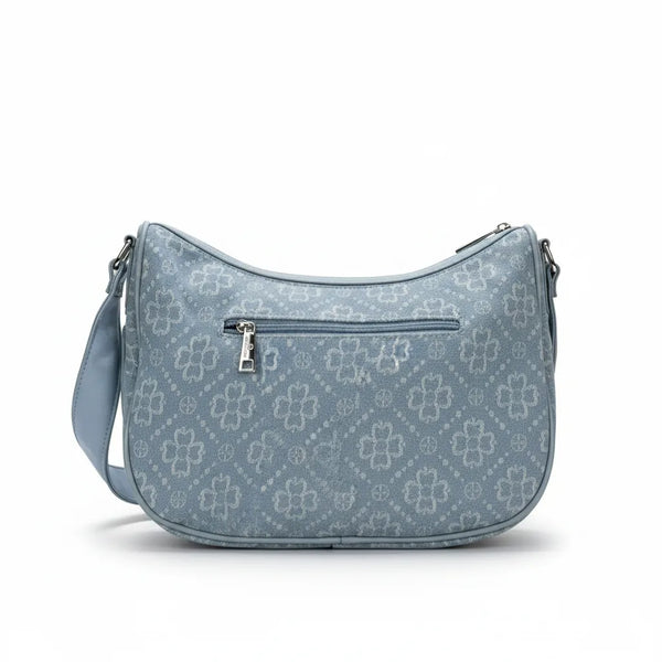 Borsa firmata Baci&abbracci jeans denim tracolla sacco spalla mezzaluna ricamata quadrifoglio