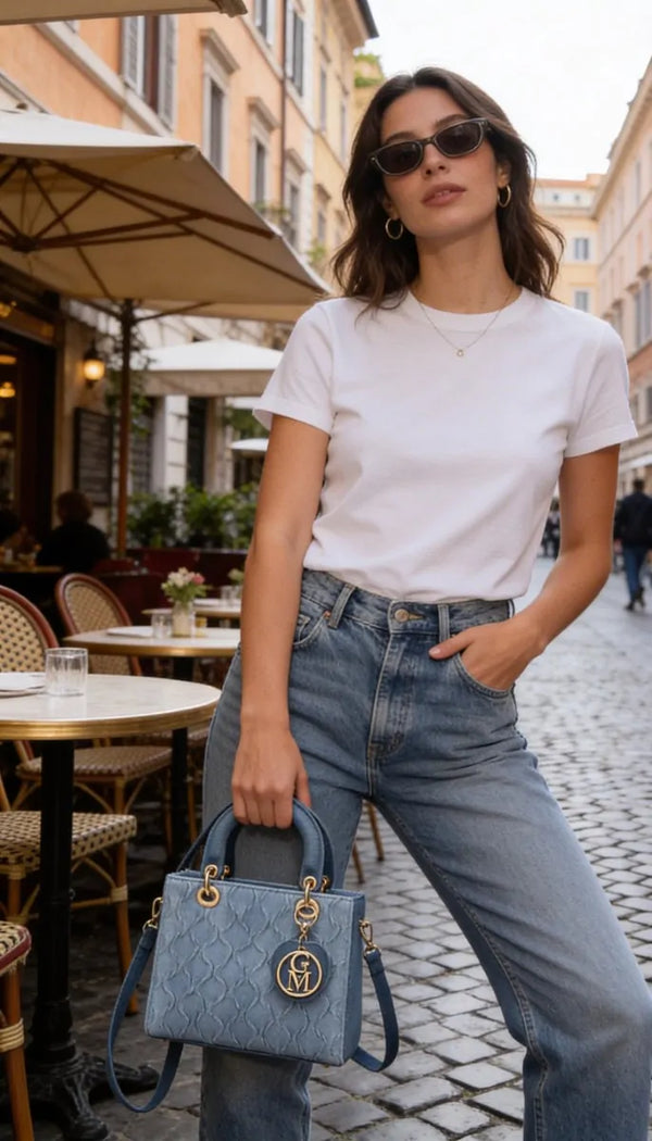 La Anna- Borsa a bauletto firmata GYOIAMEA a mano tracolla trapuntata jeans denim