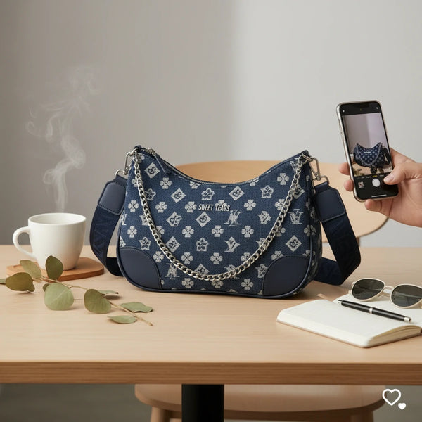 SWEET YEARS - Borsa borsetta mezzaluna donna firmata tracolla logata jeans denim