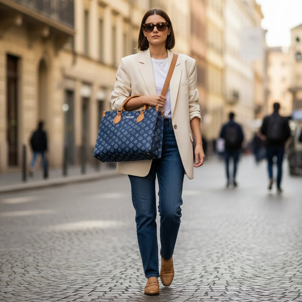 SWEET YEARS - Borsa shopping bag grande zip donna firmata tracolla logata jeans denim