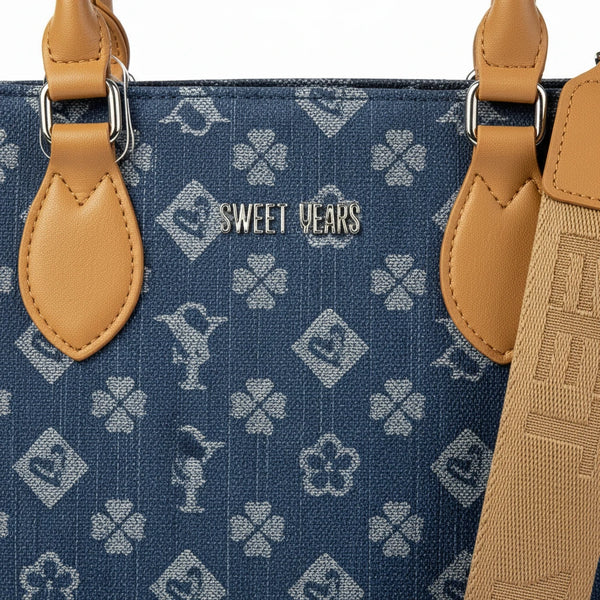 SWEET YEARS - Borsa shopping bag grande zip donna firmata tracolla logata jeans denim