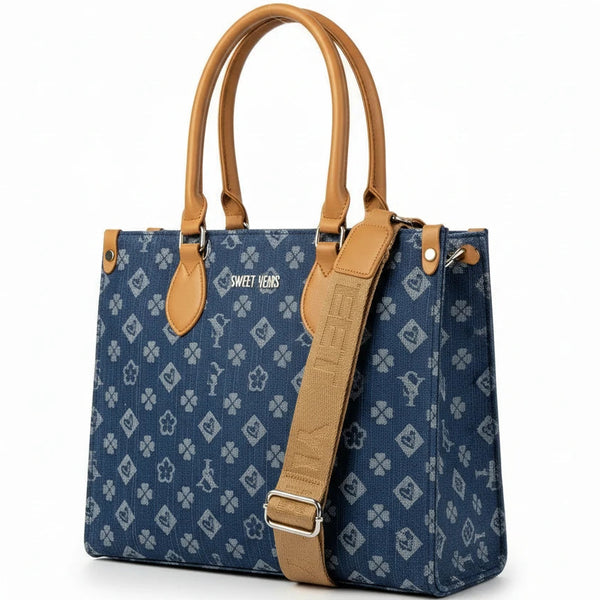 SWEET YEARS - Borsa shopping bag grande zip donna firmata tracolla logata jeans denim